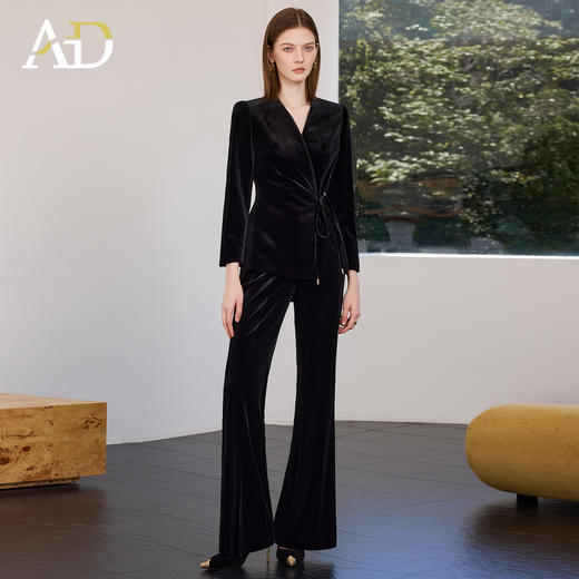 AD黑色丝绒西装套装女2025新款秋季轻奢优雅职业装收腰系带西服 商品图0