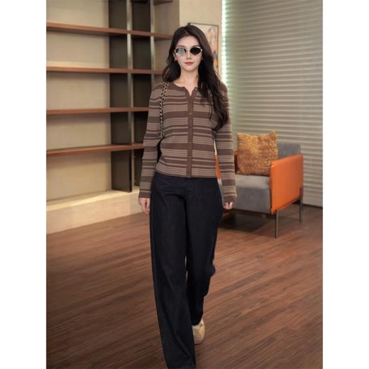 COCO ZONE 刘一一古娅条纹圆领单排扣针织开衫百搭上衣女CC2B1200 商品图2