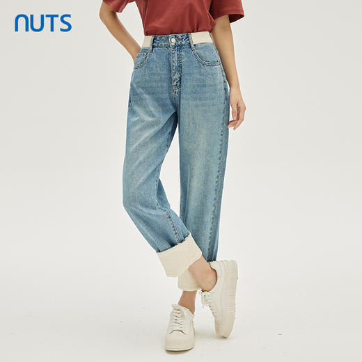 NUTS商场同款春秋季蓝色复古气质高腰卷边水洗牛仔长裤女331112215 商品图1