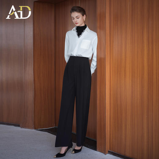 AD高级轻奢穿搭一整套2025新款蕾丝边V领衬衫女百搭高腰黑色西裤 商品图3