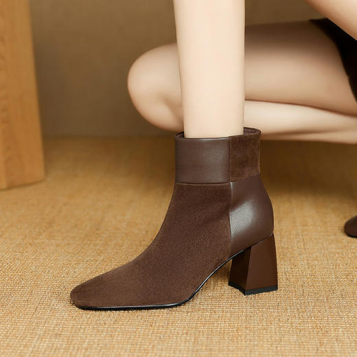 【预售5天】时尚真皮拼接粗跟短靴，方头高跟百搭时装女靴气质马丁靴NJMK&K1791 商品图1