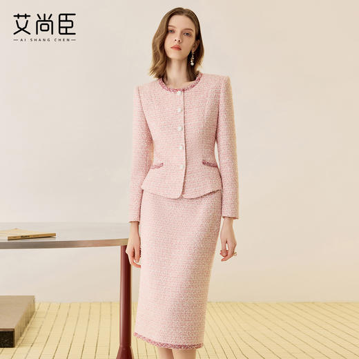 艾尚臣粉色小香风西装套装裙女秋冬高级感播音主持人正式场合正装 商品图3