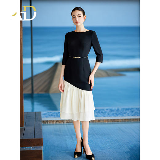 AD重要场合连衣裙秋季气质女神范职业西装裙接拼米白色荷叶边包裙 商品图4
