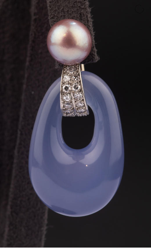 独角鹿西洋古董 1960年代法国出品铂金镶嵌钻石及天然海水珍珠玉髓耳坠 商品图2