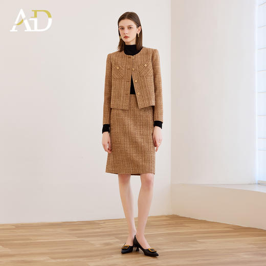 AD卡其色小香风套装女2025新款气质高级感粗花呢混纺格纹外套半裙 商品图2