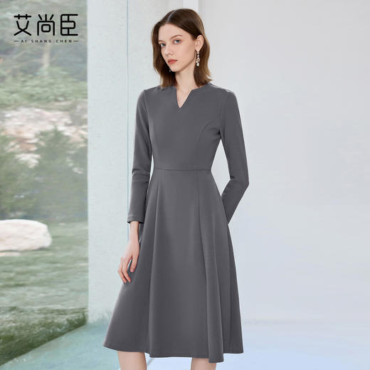 艾尚臣灰色职业连衣裙女气质设计感职业装优雅裙子正式场合工作服 商品图2