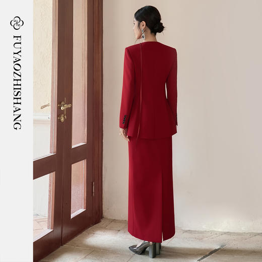 FUYAO扶摇 羊毛西装外套女红色国风设计感西服镂空领中长款上衣冬 商品图4
