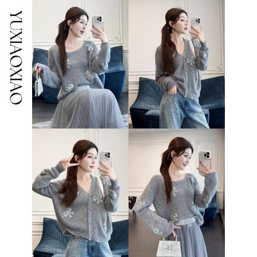 余潇潇【月半威尼斯】马海毛绵羊毛混纺蝴蝶结钻饰V领开衫&圆领毛衣 商品图0