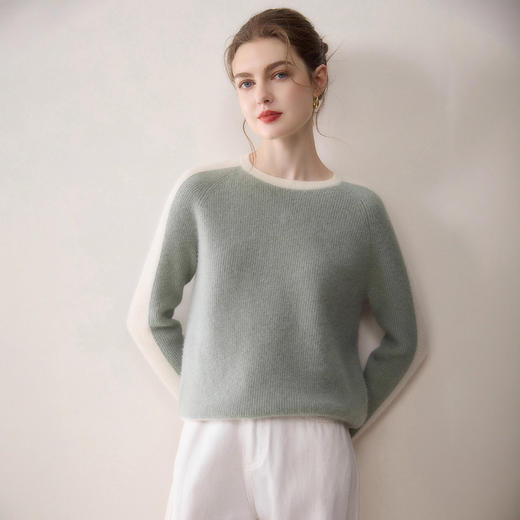 「高货rg」全新升级【铂金会员735/天猫999/差价264】(75012)洛诗琳气质100纯山羊绒衫2025冬季圆领元宝针加厚拼色毛衣 商品图3