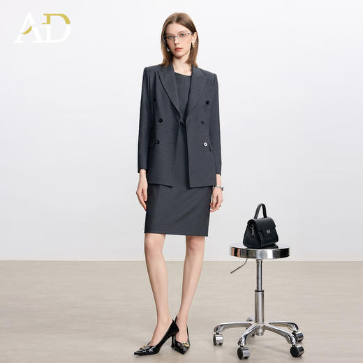 AD高级感绵羊毛西装套装女秋冬2025新款灰色职业内搭连衣裙两件套 商品图1