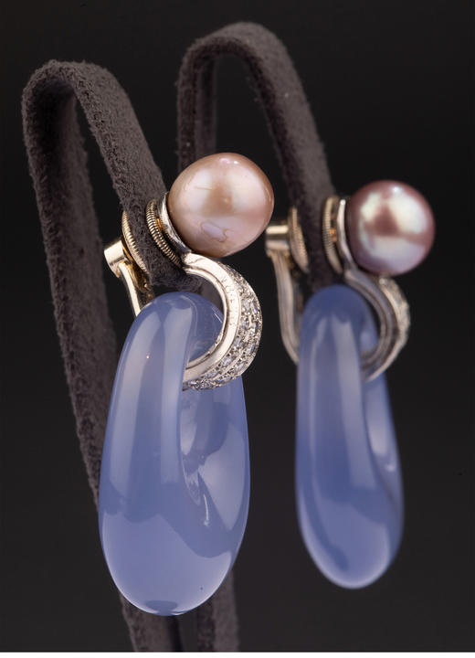 独角鹿西洋古董 1960年代法国出品铂金镶嵌钻石及天然海水珍珠玉髓耳坠 商品图5