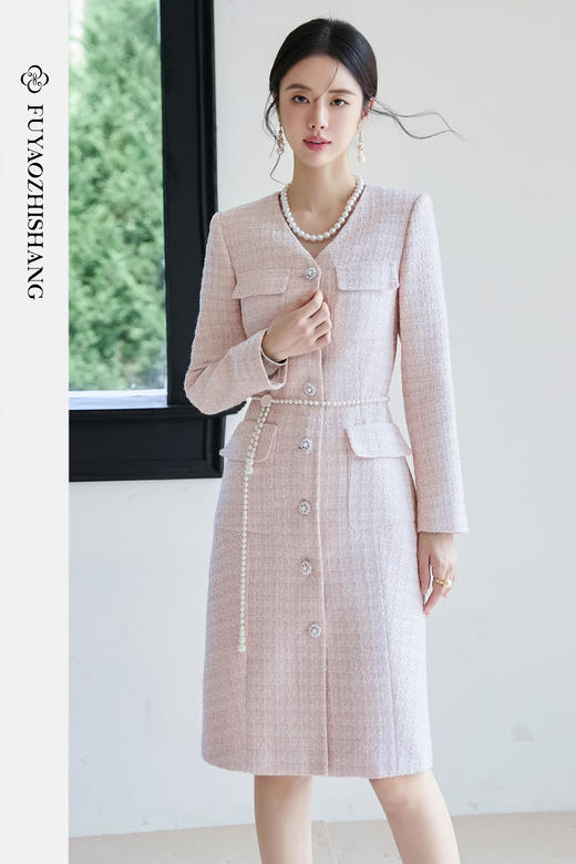 FUYAO扶摇 复古小香风连衣裙女2025秋冬粗毛呢裙子富家千金风穿搭 商品图5