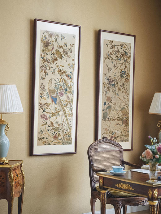 【已售】独角鹿西洋古董 1900年代中国出品「富贵长寿」吉祥花鸟主题刺绣挂屏一对 商品图1