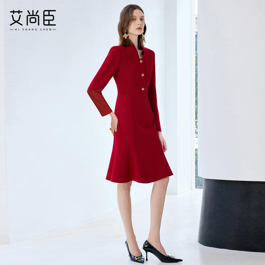 艾尚臣红色连衣裙女轻奢高级感轻熟风鱼尾裙通勤职业主持人西装裙 商品图3