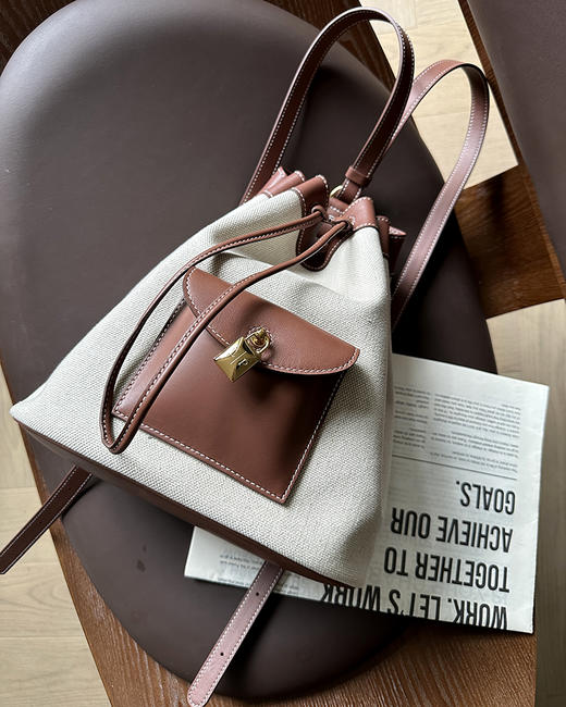 单品包邮 现货 THS-无 大牛工厂 lp家帆布拼皮水桶双肩包 CQ1420 商品图9