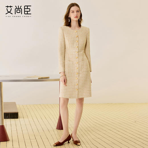 艾尚臣羊毛西装连衣裙女秋冬新款圆领粗花呢中长裙法式小香风裙子 商品图3