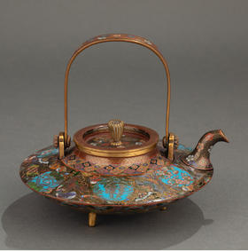 独角鹿西洋古董 1895年代日本明治时期出品稲葉七宝风格吉祥花鸟装饰提梁茶壶/清酒壶