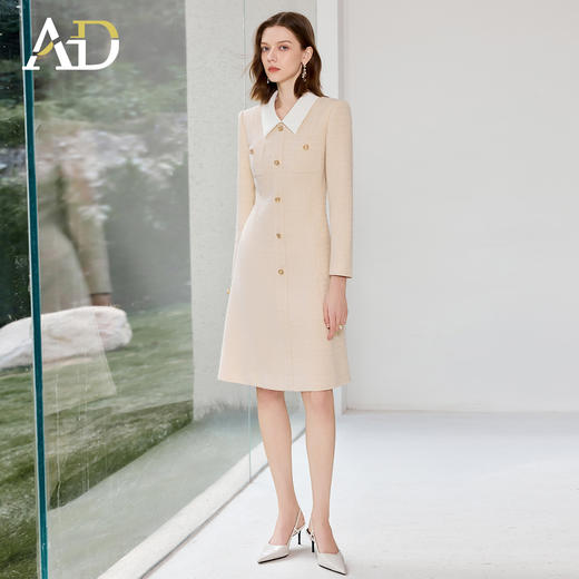 AD气质翻领粗花呢连衣裙女2025秋冬新款老钱风拼接长袖小香A字裙 商品图0