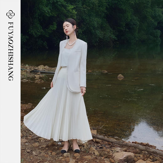 FUYAO扶摇 轻奢醋酸时尚套装女高级感宽版西装外套百褶裙两件套秋 商品图1