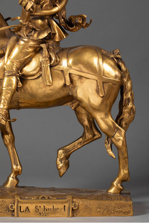 独角鹿西洋古董 19世纪法国雕塑家Emmanuel Frèmiet创作出品「圣人胡贝图斯 St. Hubertus」主题铜鎏金精雕杰作 商品图5