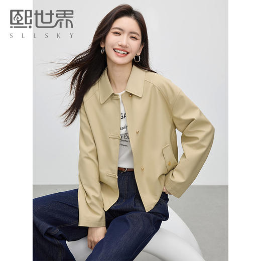 【专属特价】熙世界卡其色短款风衣女2025春秋新款气质英伦风翻领休闲夹克外套 商品图0
