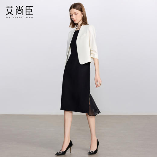 艾尚臣白色时尚套装女通勤无领小西服轻奢高级感西装连衣裙职业装 商品图4