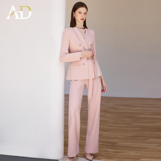 AD粉色西装外套女气质收腰系带羊毛西服正装2025新款呢子阔腿裤 商品图3