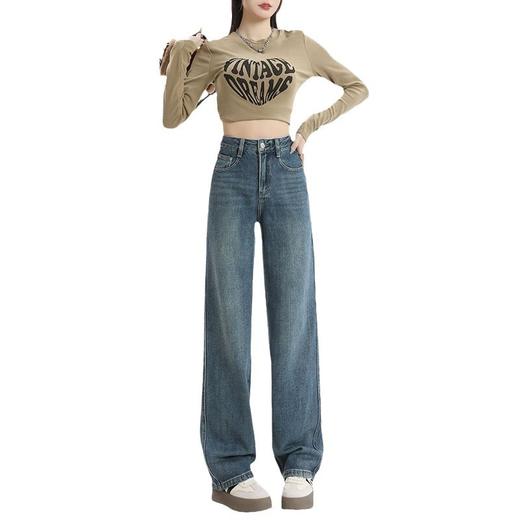 百媚生 加绒保暖直筒牛仔裤高腰宽松显瘦窄版阔腿裤HZC6010 商品图4