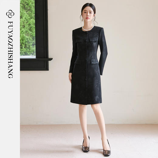 FUYAO扶摇 肌理感提花连衣裙女秋季新款黑色西装裙中国风优雅裙子 商品图0