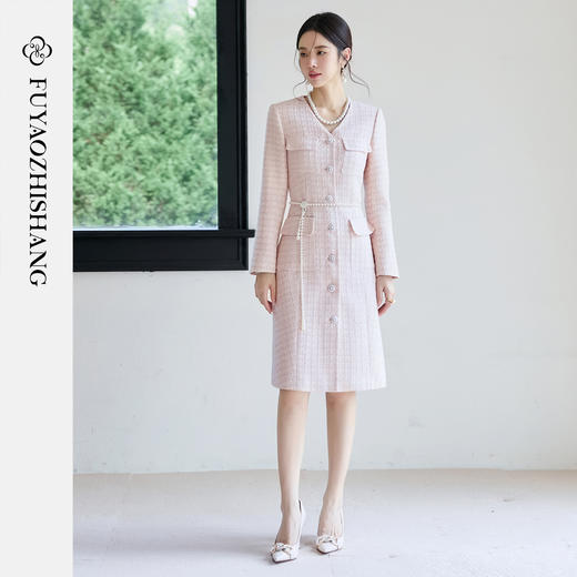 FUYAO扶摇 复古小香风连衣裙女2025秋冬粗毛呢裙子富家千金风穿搭 商品图1