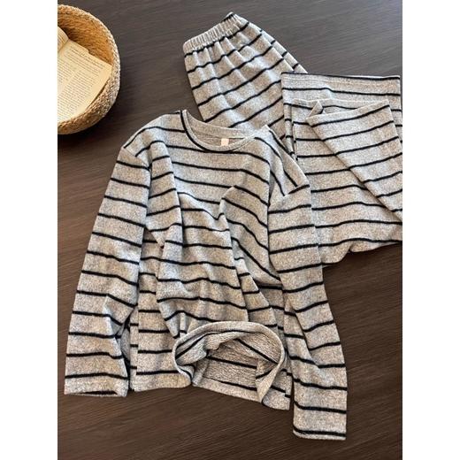 【德绒】睡衣女秋冬季加厚保暖简约条纹磨毛长袖套装可外穿家居服 商品图0