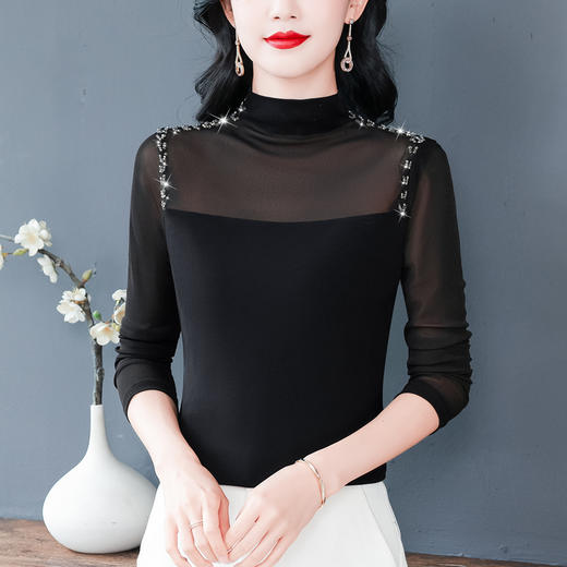 KQL 644G9217长袖网纱半高领拼接打底衫显瘦优雅气质上衣 商品图2