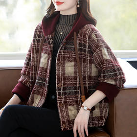 CC 10-5072连帽格子宽松呢子针织开衫