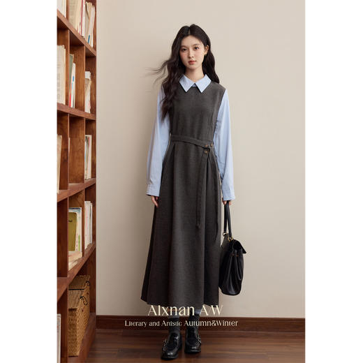 鹿向南「格雷腔调」假两件连衣裙女款2025秋季气质收腰厚款长裙 商品图3