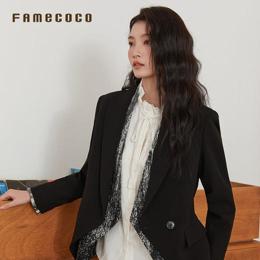Famecoco范可儿假两件V领修身西装外套商务短款西服FAB6AW016 商品图2