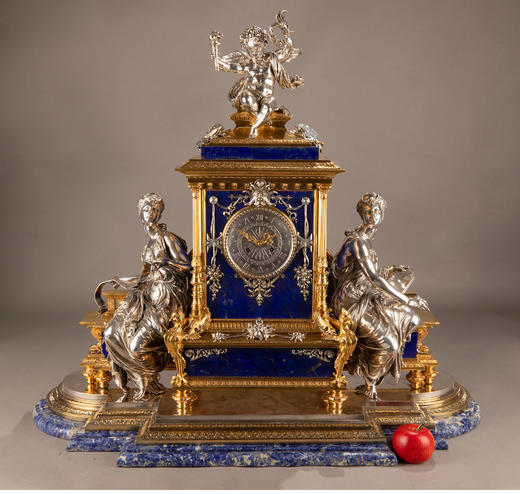 独角鹿西洋古董 19世纪法国工坊出品新文艺复兴风格铜鎏金装饰银质雕像青金石座钟 商品图1