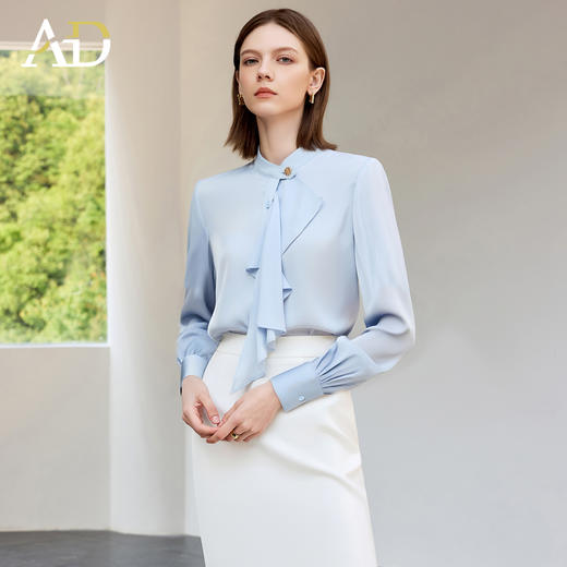 AD立体褶裥蓝色衬衫女士通勤职业装衬衣时尚优雅高级感气质长袖 商品图2