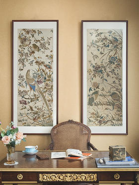 【已售】独角鹿西洋古董 1900年代中国出品「富贵长寿」吉祥花鸟主题刺绣挂屏一对