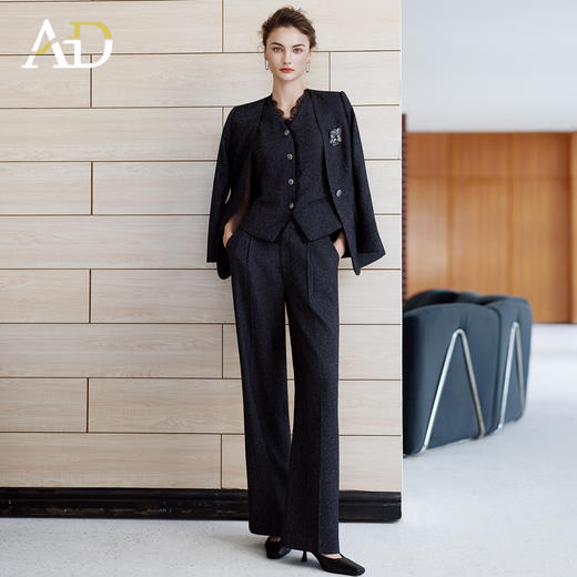 AD极简风宽肩廓形西装套装女高级感花灰色蕾丝西服三件套职业装 商品图2