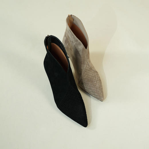 Westory2025年冬季尖头高跟V口编织拼接优雅老钱风百搭短靴W25DS85581 商品图0