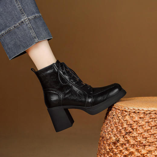 【预售5天】厚底方头系带马丁靴，加绒气质百搭高跟短靴XME&898-820 商品图2