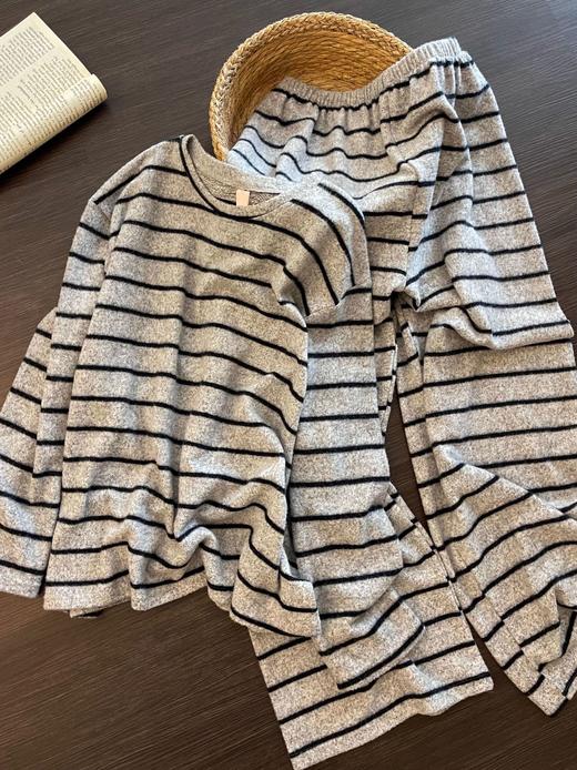 【德绒】睡衣女秋冬季加厚保暖简约条纹磨毛长袖套装可外穿家居服 商品图5