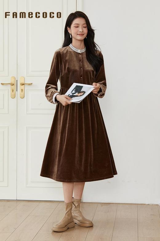 Famecoco范可儿优雅复古花边立领丝绒裙收腰连衣裙FAB6FA007 商品图5