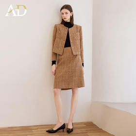 AD卡其色小香风套装女2025新款气质高级感粗花呢混纺格纹外套半裙