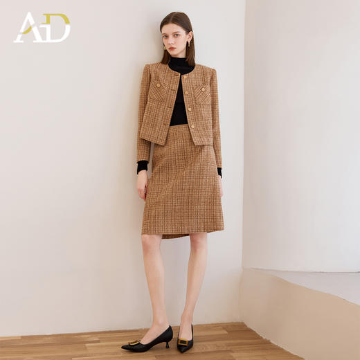AD卡其色小香风套装女2025新款气质高级感粗花呢混纺格纹外套半裙 商品图0