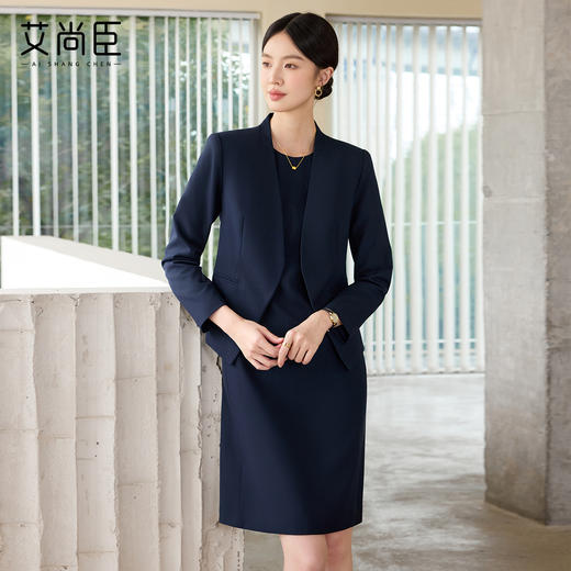 艾尚臣藏青色高级感时尚西装连衣裙气质商务修身显瘦两件套工作服 商品图4