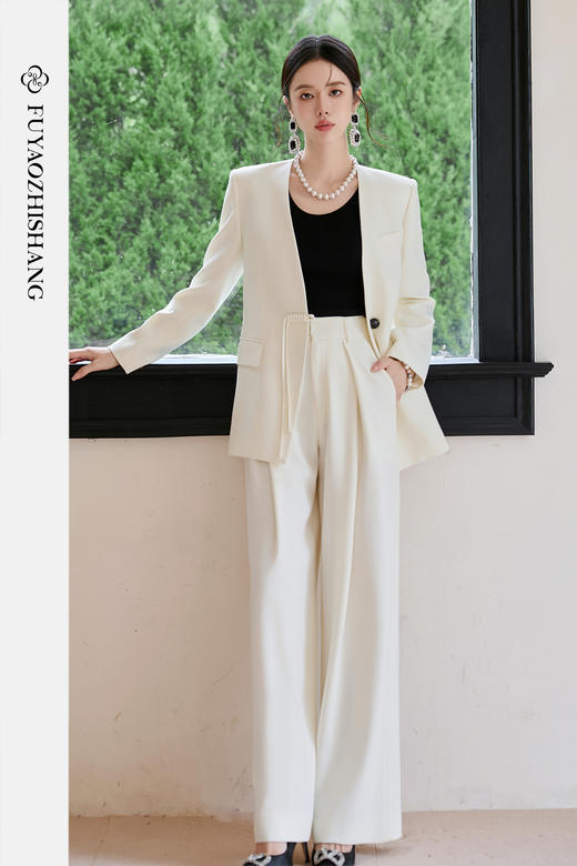 FUYAO扶摇 新中式盘扣西装套装女2025秋冬国风高级感阔腿裤两件套 商品图5