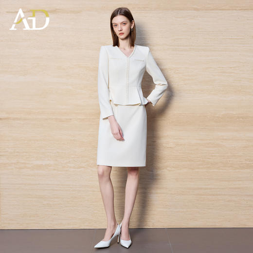 AD女神范小香风连衣裙女米白色肌理感荷叶边高级感假两件西装裙子 商品图0