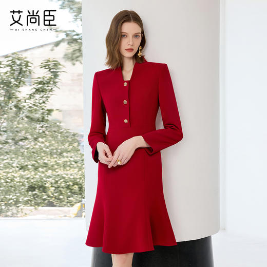 艾尚臣红色连衣裙女轻奢高级感轻熟风鱼尾裙通勤职业主持人西装裙 商品图0