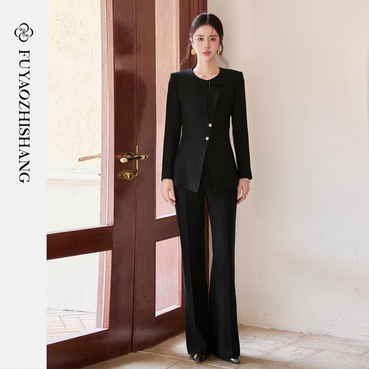 FUYAO扶摇 黑色时尚套装女新款复古斜襟圆领西装外套微喇裤两件套 商品图4
